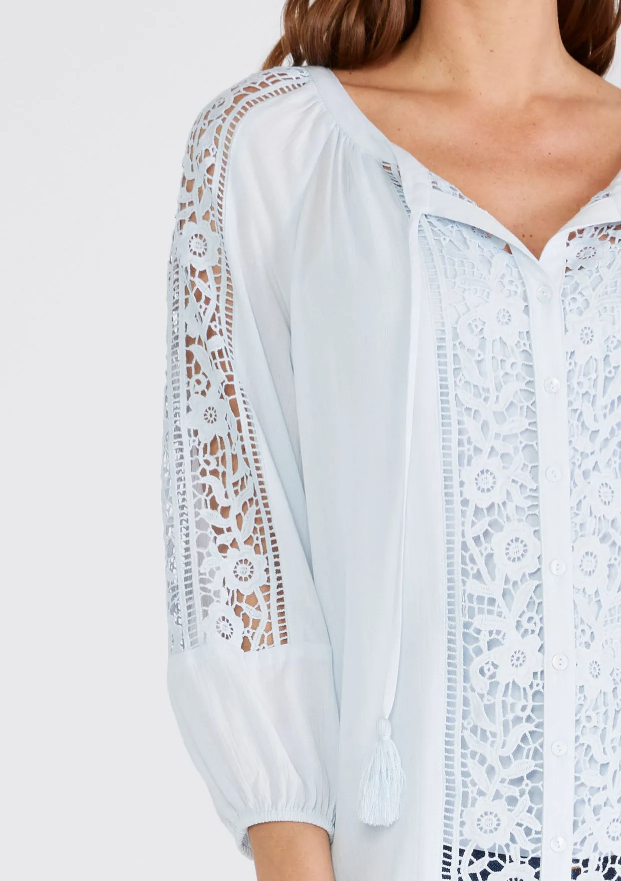 Floral Lace Trim 3/4 Sleeve Split Neck Top