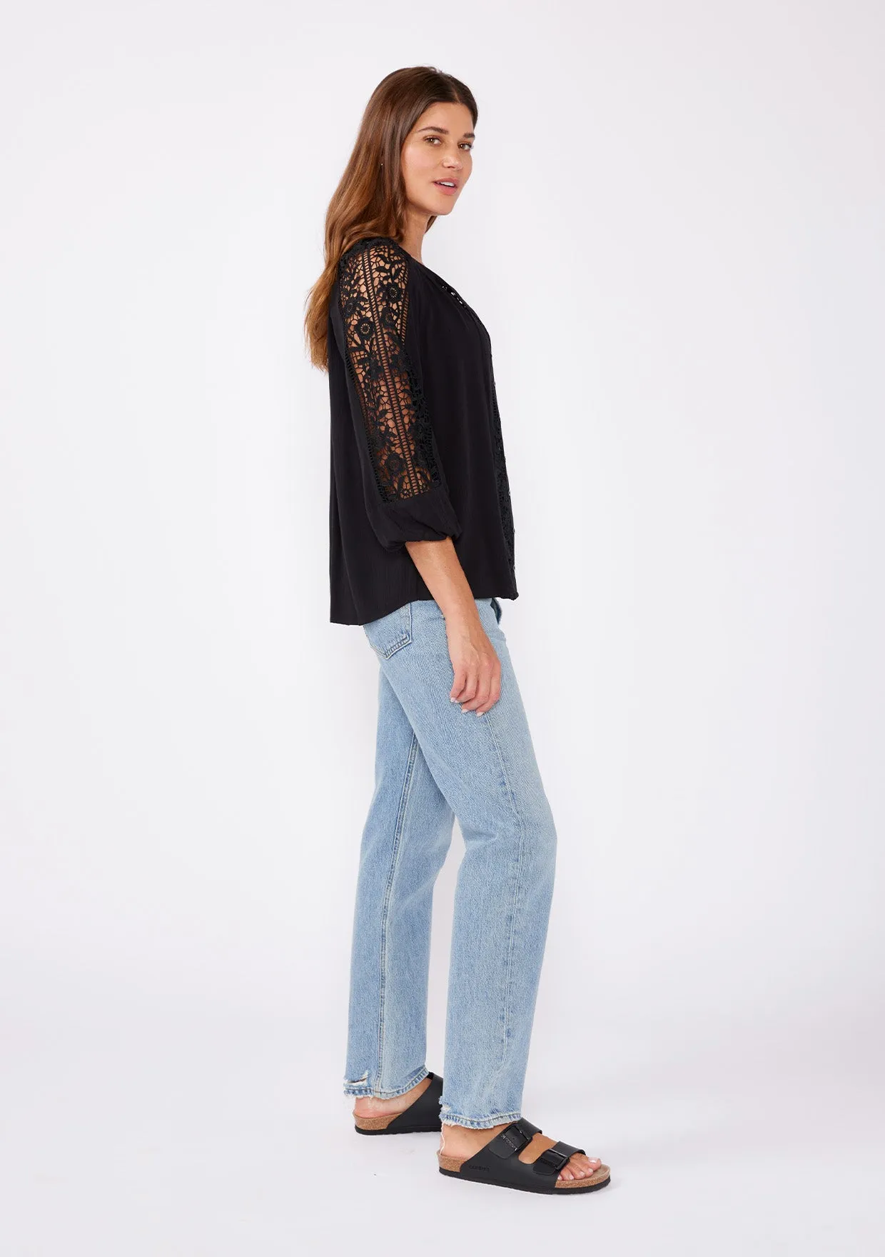 Floral Lace Trim 3/4 Sleeve Split Neck Top