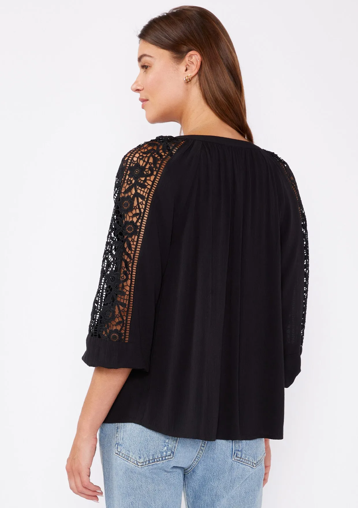 Floral Lace Trim 3/4 Sleeve Split Neck Top
