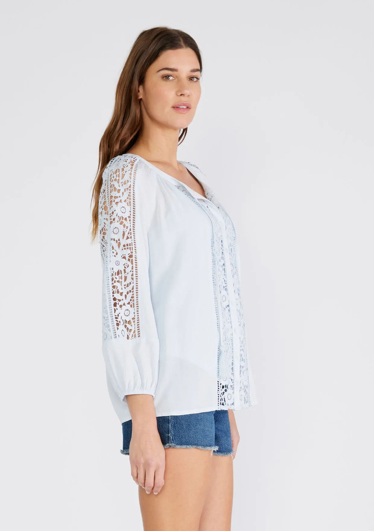 Floral Lace Trim 3/4 Sleeve Split Neck Top