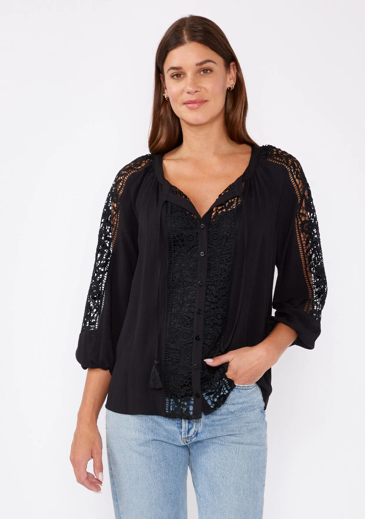 Floral Lace Trim 3/4 Sleeve Split Neck Top