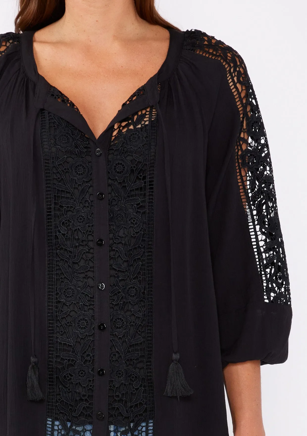 Floral Lace Trim 3/4 Sleeve Split Neck Top