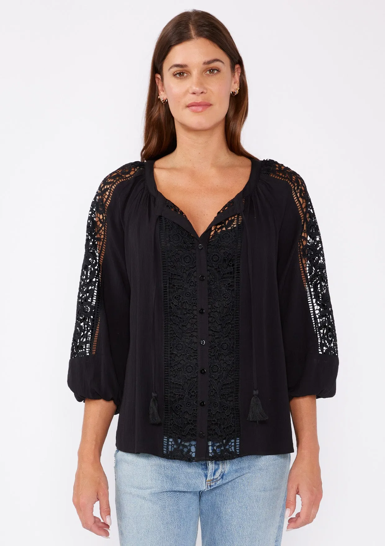 Floral Lace Trim 3/4 Sleeve Split Neck Top