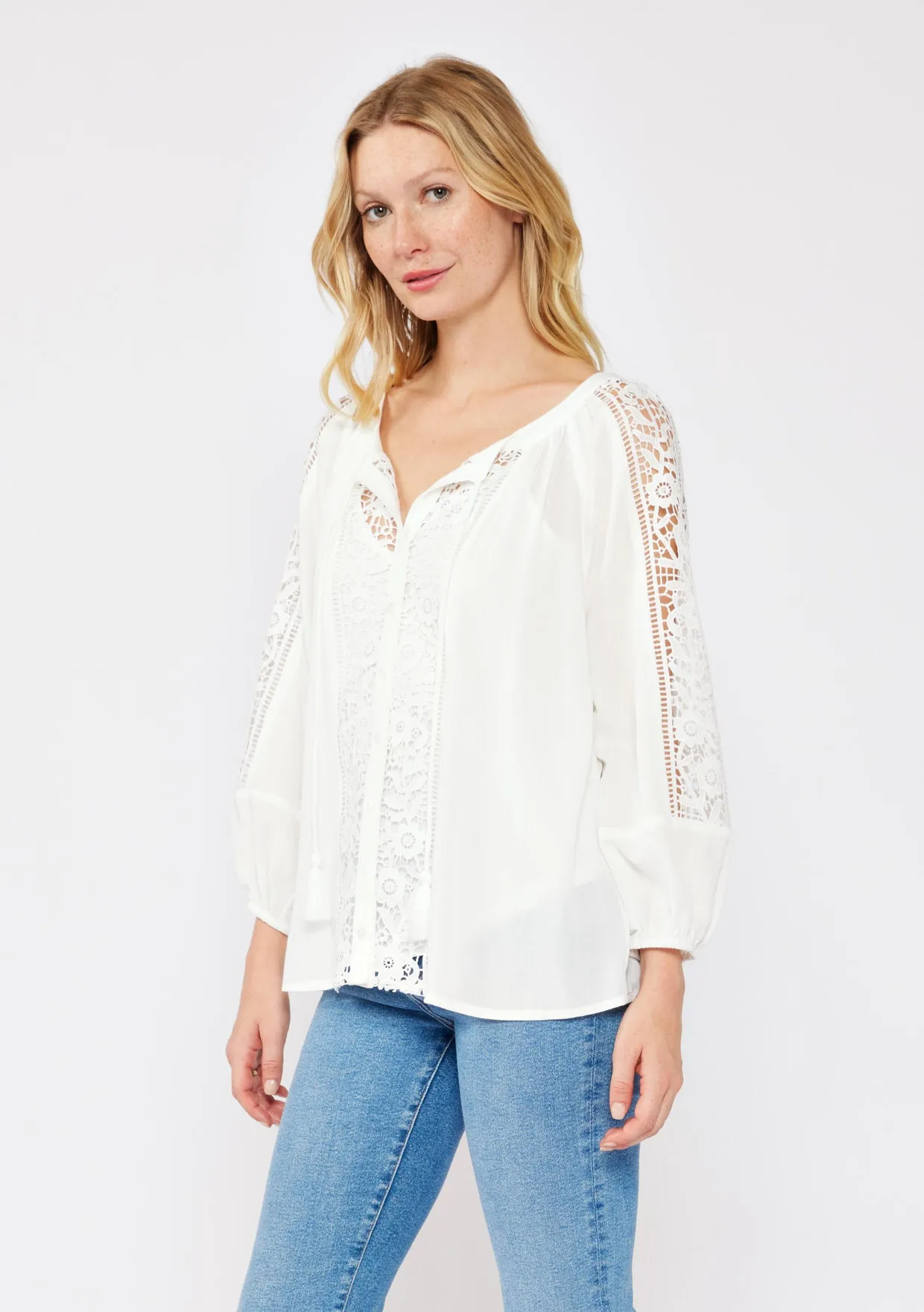 Floral Lace Trim 3/4 Sleeve Split Neck Top