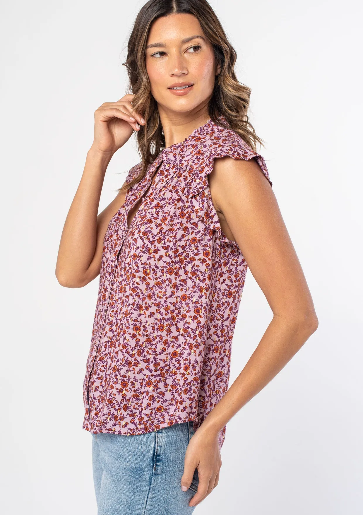 Floral Metallic Cap Sleeve Button Down Top