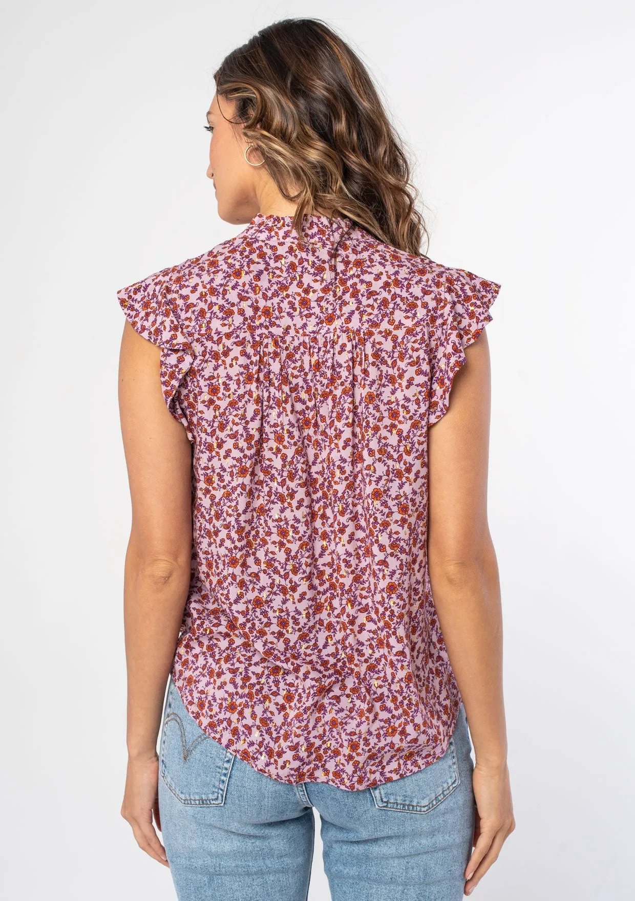 Floral Metallic Cap Sleeve Button Down Top