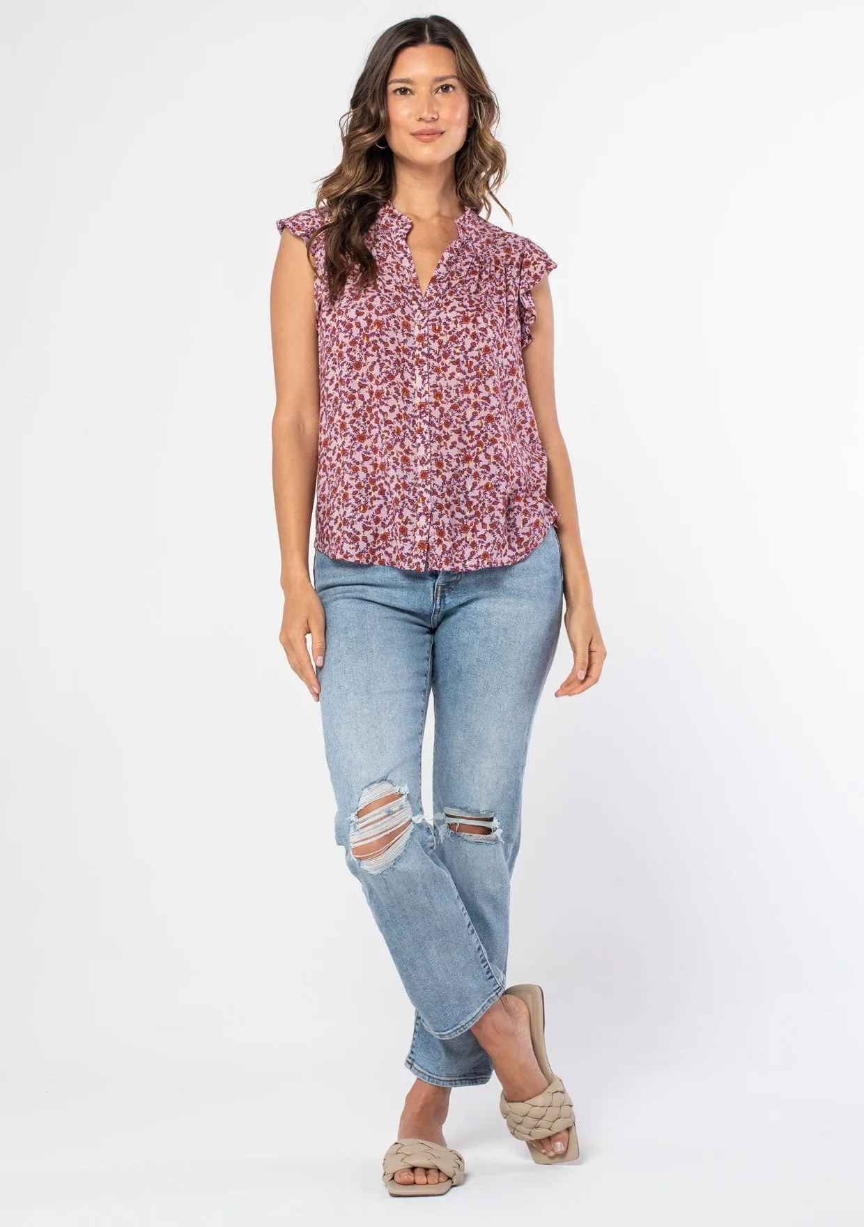 Floral Metallic Cap Sleeve Button Down Top