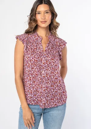 Floral Metallic Cap Sleeve Button Down Top
