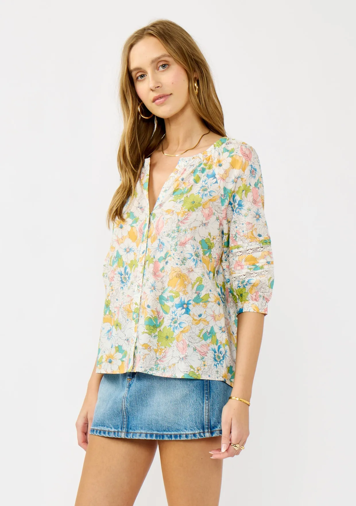 Floral Raglan Sleeve Button-Down Top with Lace