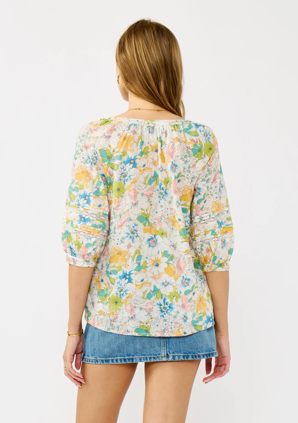 Floral Raglan Sleeve Button-Down Top with Lace