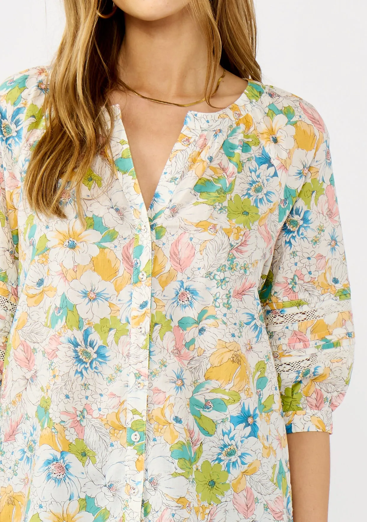 Floral Raglan Sleeve Button-Down Top with Lace