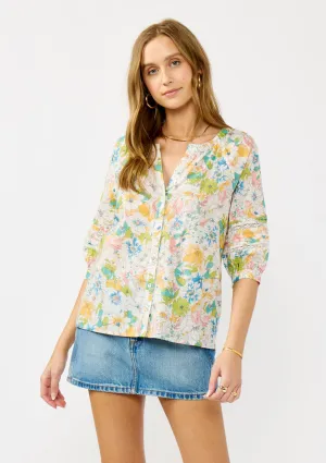 Floral Raglan Sleeve Button-Down Top with Lace