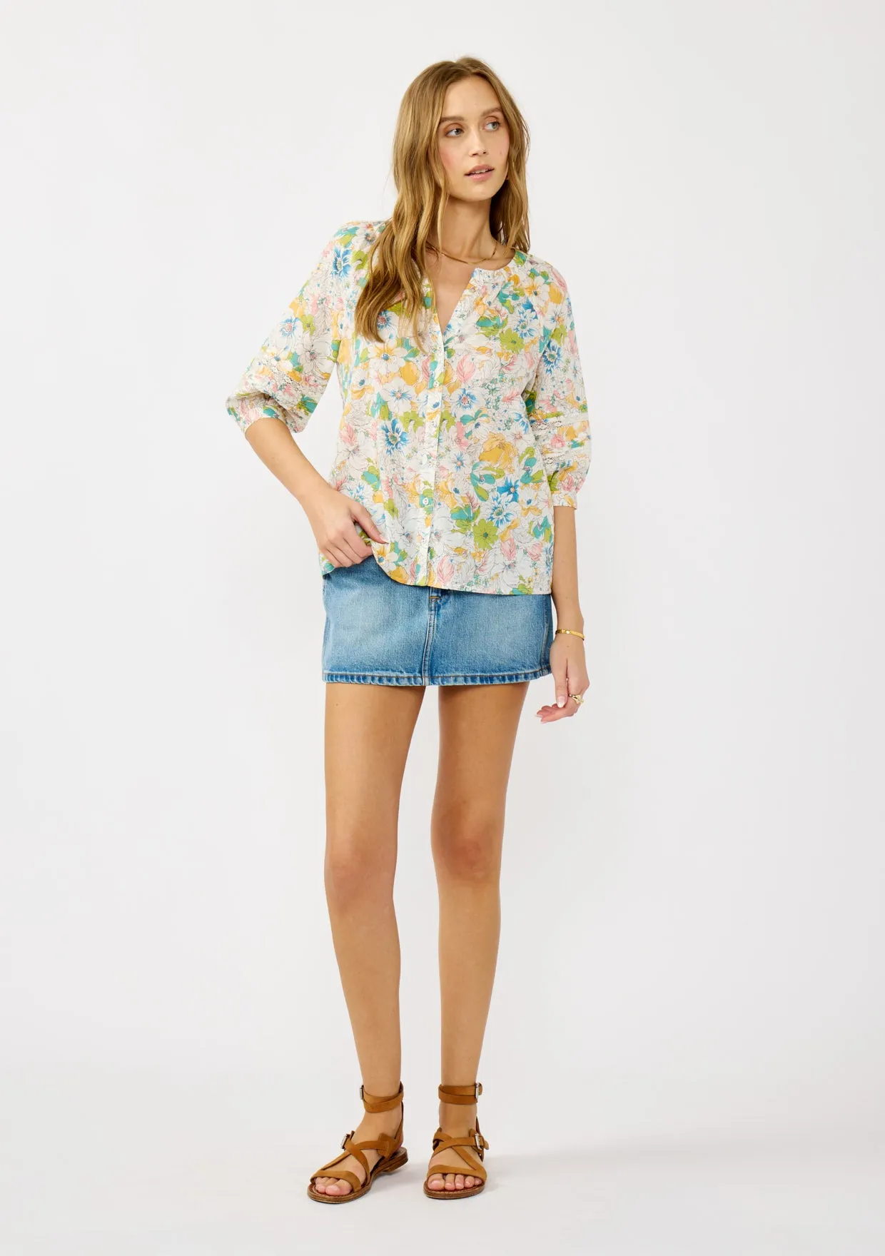 Floral Raglan Sleeve Button-Down Top with Lace