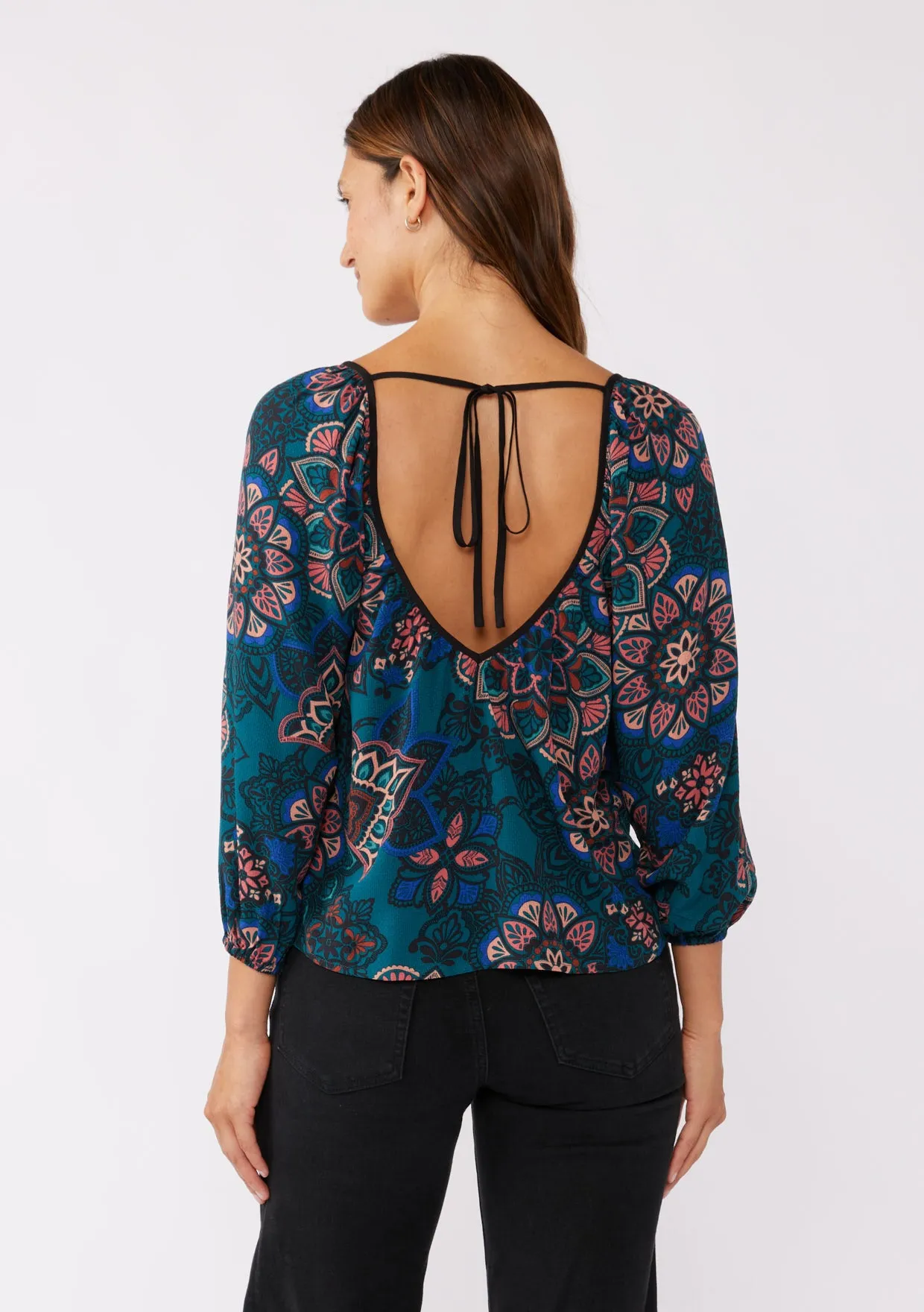 Floral Raglan V-Neck Back-Tie Blouse