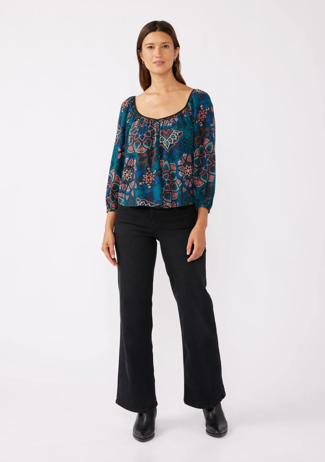 Floral Raglan V-Neck Back-Tie Blouse
