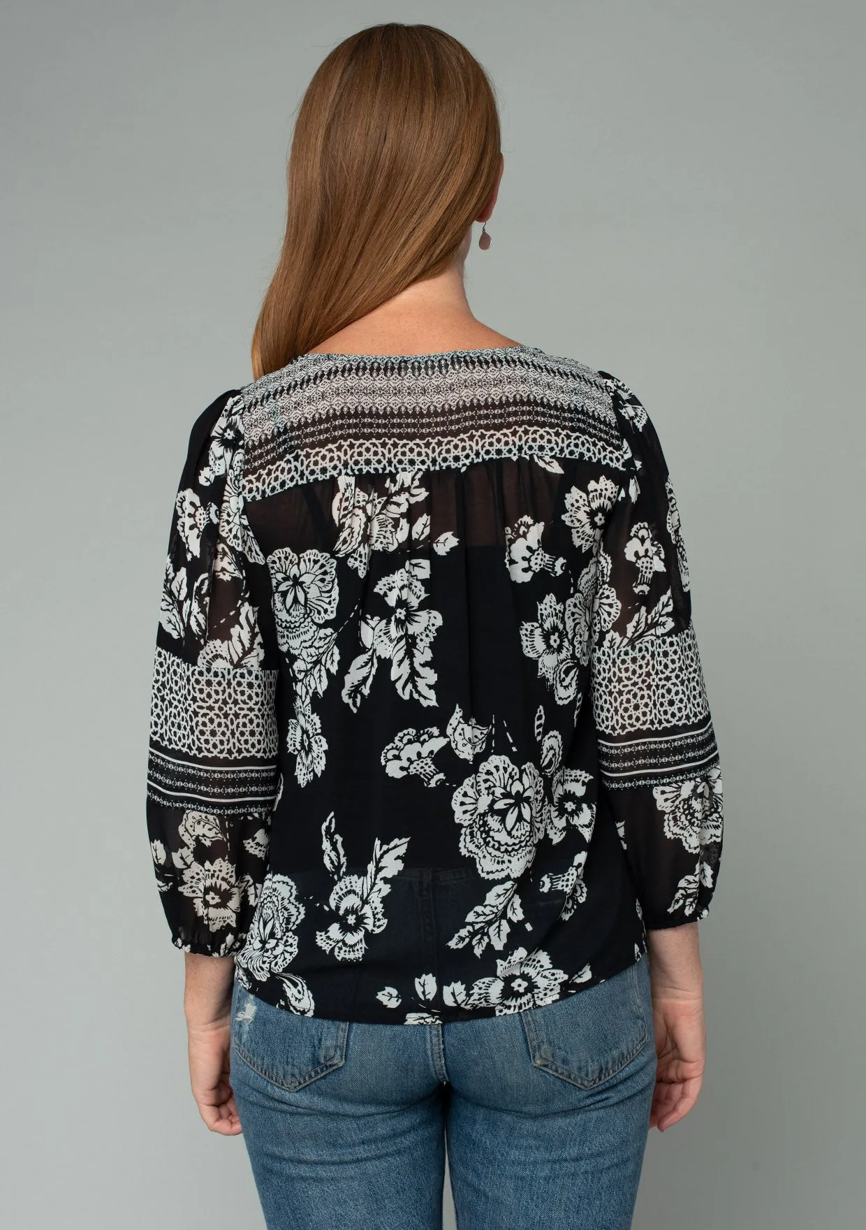 Floral Round Neck 3/4 Sleeve Button Down Blouse