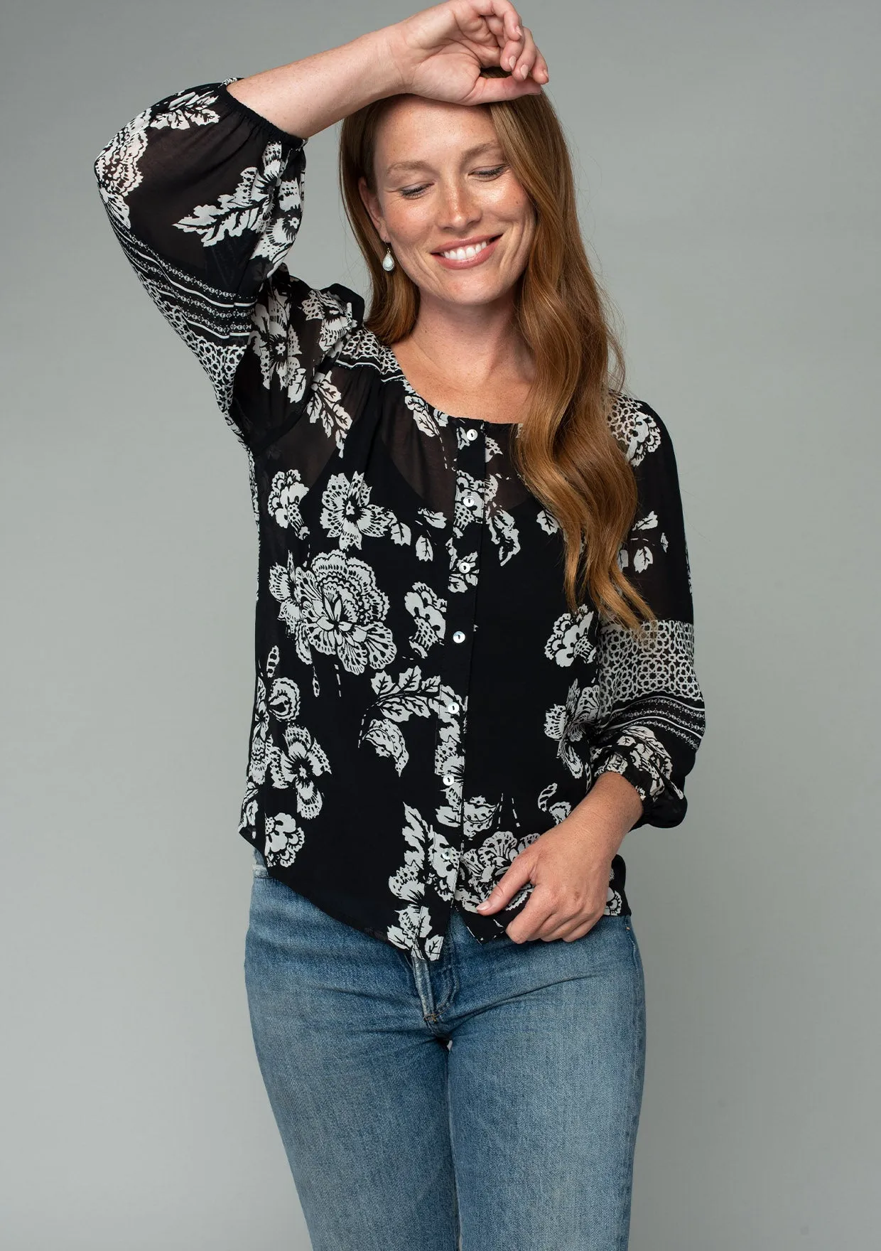 Floral Round Neck 3/4 Sleeve Button Down Blouse