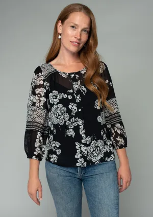 Floral Round Neck 3/4 Sleeve Button Down Blouse