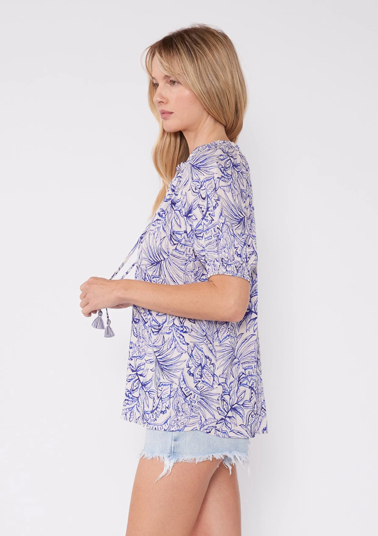 Floral Smocked Puff Sleeve Tie Neck Blouse