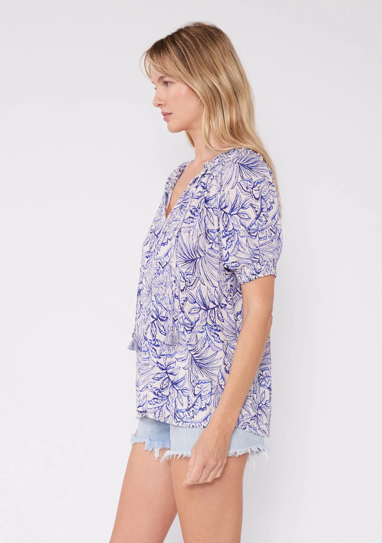 Floral Smocked Puff Sleeve Tie Neck Blouse
