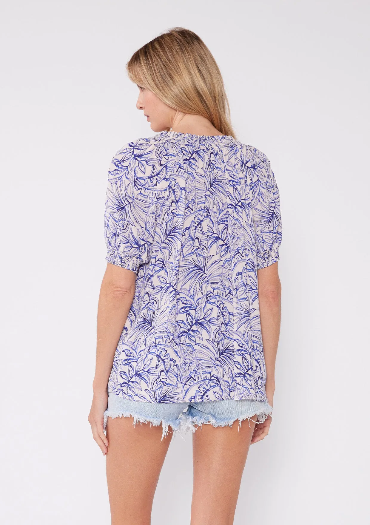Floral Smocked Puff Sleeve Tie Neck Blouse