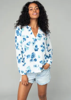 Floral Split Neck Long Sleeve High-Low Blouse
