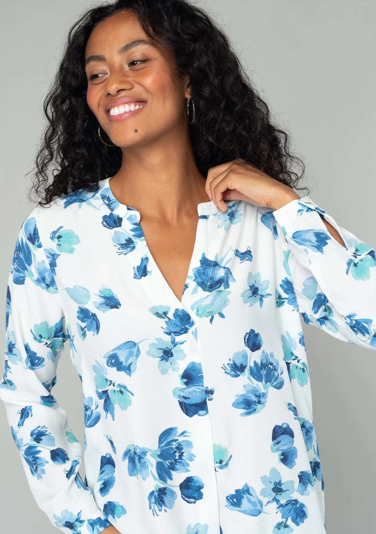 Floral Split Neck Long Sleeve High-Low Blouse
