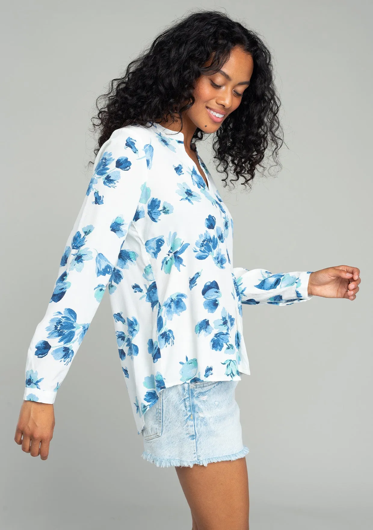 Floral Split Neck Long Sleeve High-Low Blouse
