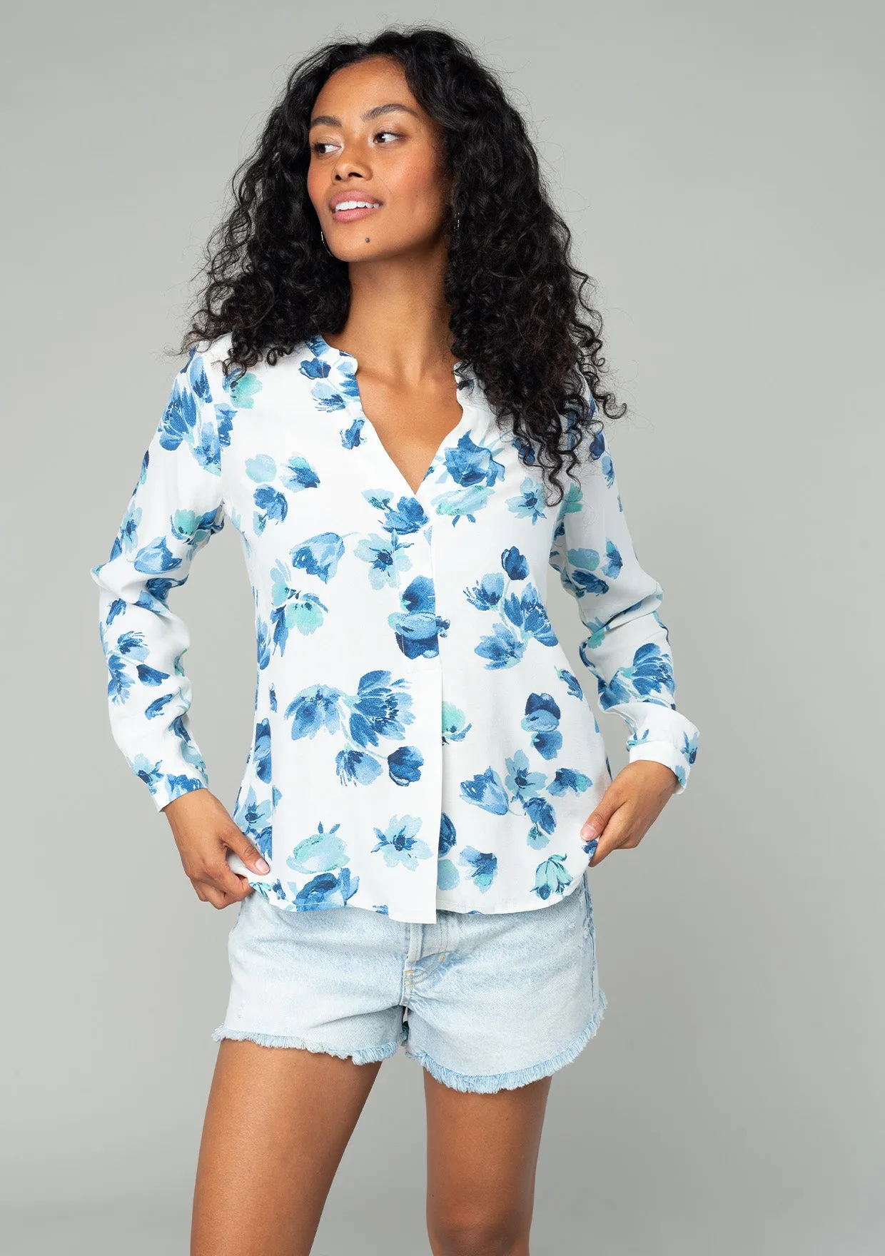 Floral Split Neck Long Sleeve High-Low Blouse