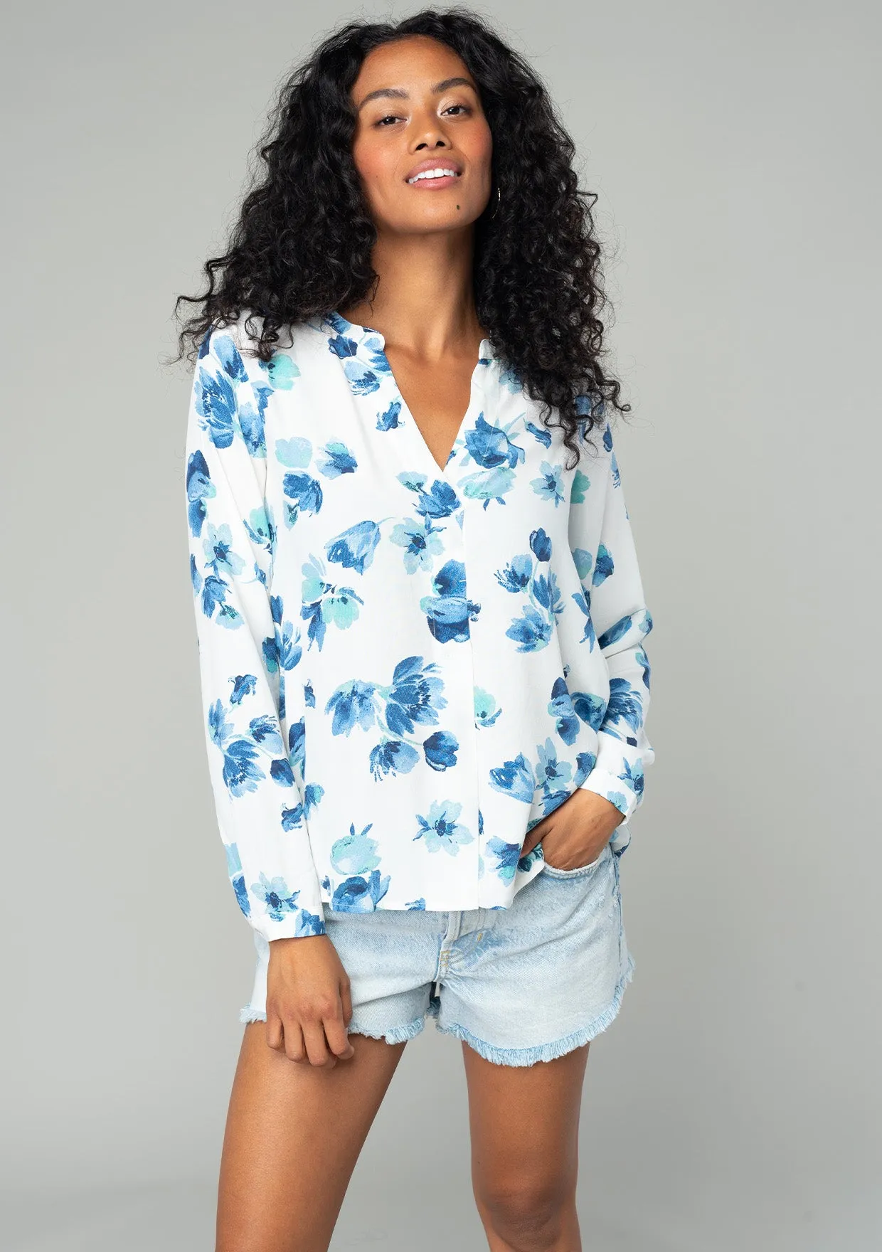 Floral Split Neck Long Sleeve High-Low Blouse