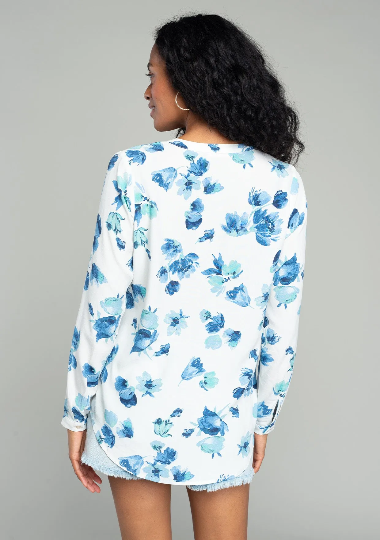 Floral Split Neck Long Sleeve High-Low Blouse