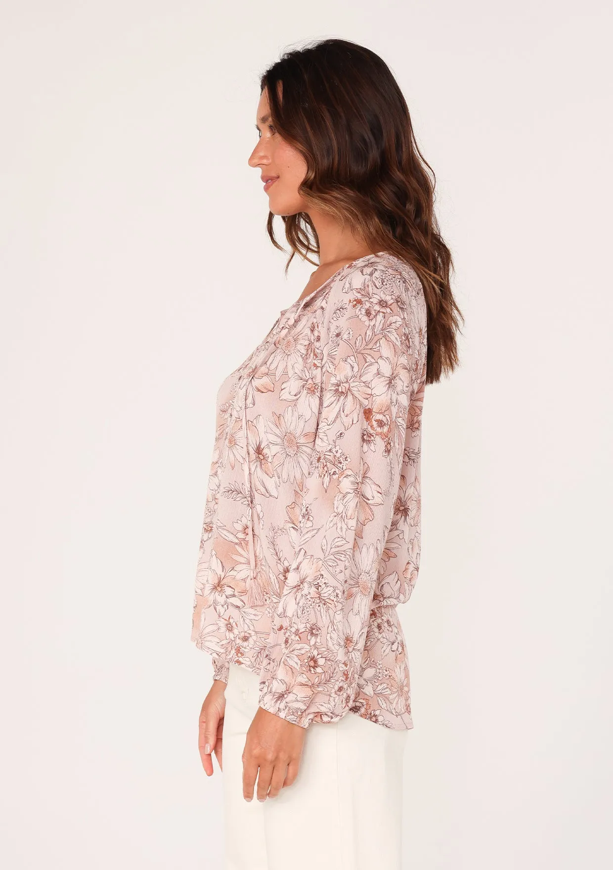 Floral Tassel Tie Neck Long Sleeve Blouse