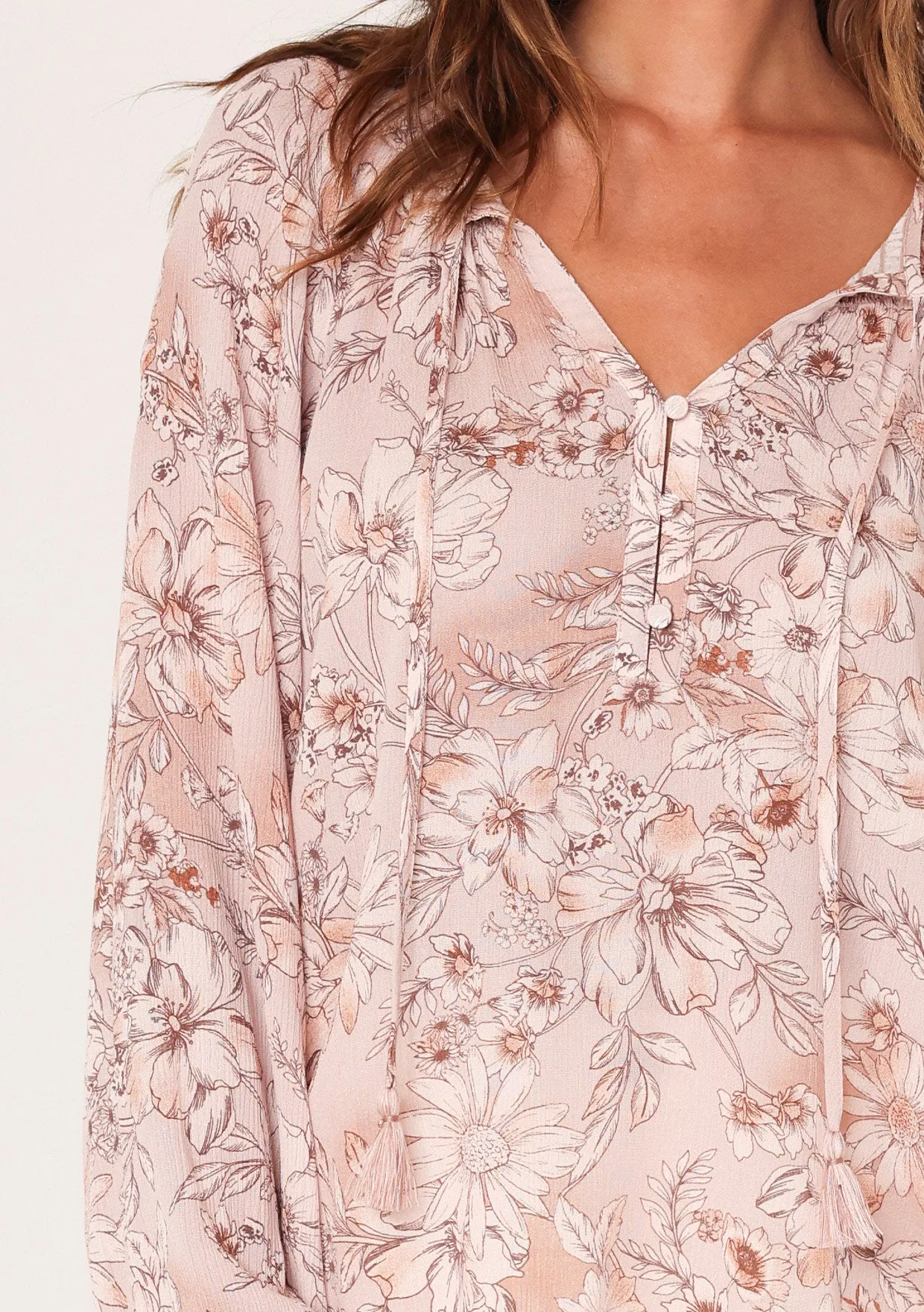 Floral Tassel Tie Neck Long Sleeve Blouse