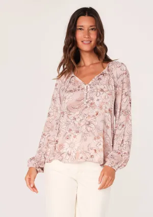 Floral Tassel Tie Neck Long Sleeve Blouse
