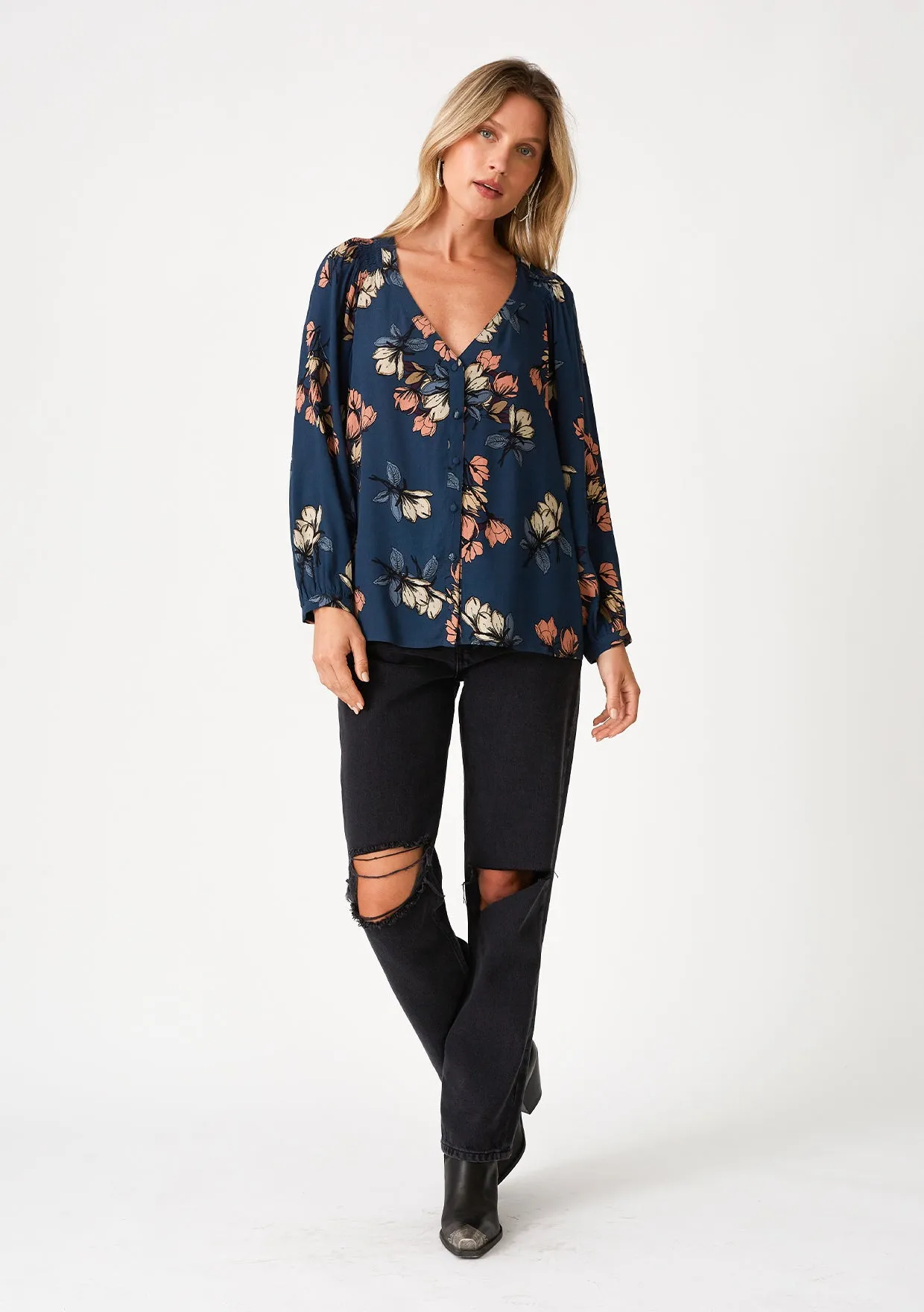 Floral V Neck Button Front Long Sleeve Blouse