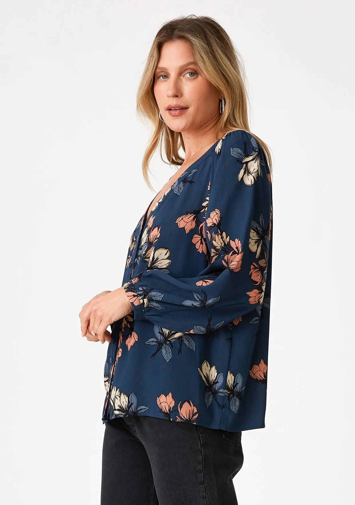 Floral V Neck Button Front Long Sleeve Blouse