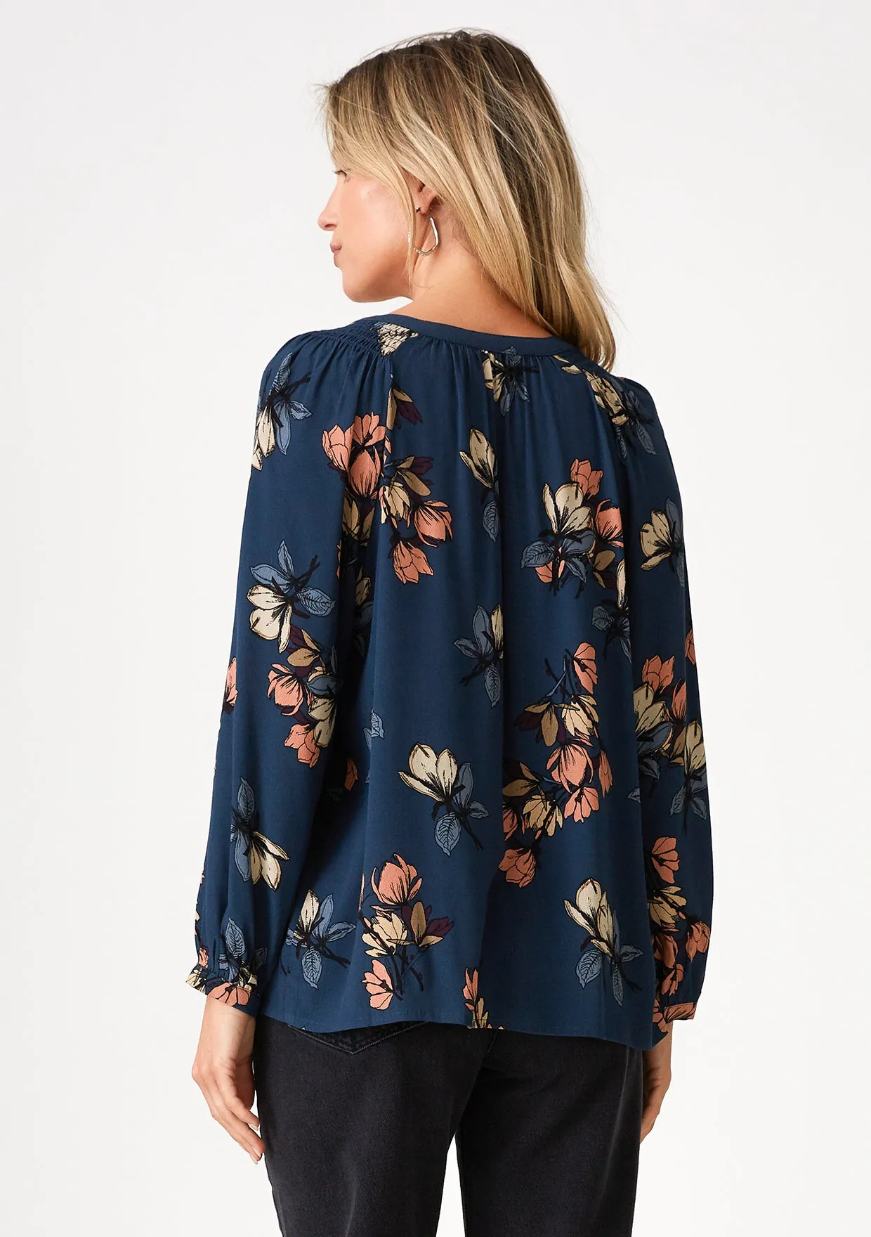 Floral V Neck Button Front Long Sleeve Blouse