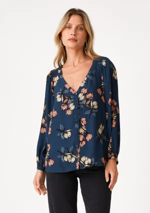 Floral V Neck Button Front Long Sleeve Blouse