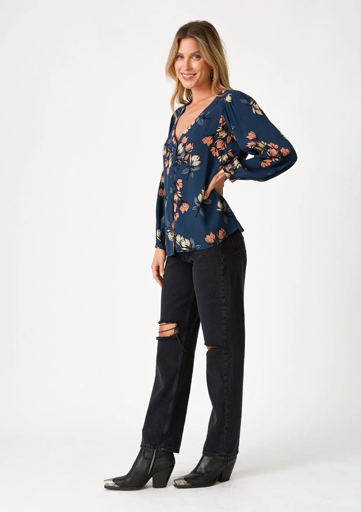 Floral V Neck Button Front Long Sleeve Blouse