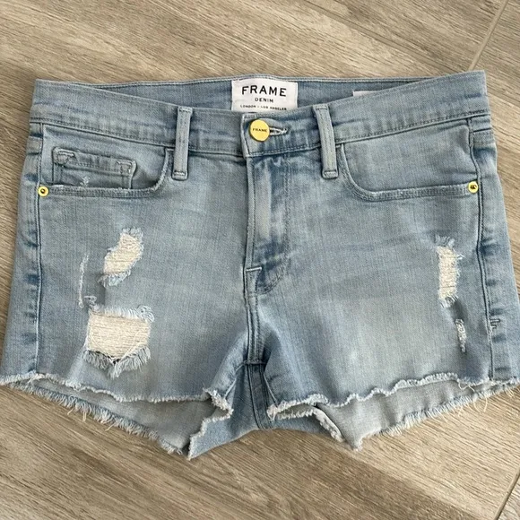 Frame Le Cutoff Light Wash Distressed Blue Denim Jean Shorts Size 25