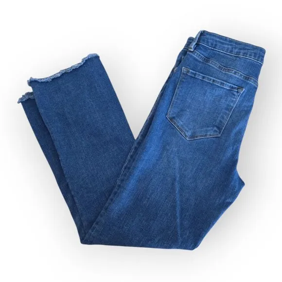 Free People Med Wash Blue High Rise Raw Hem Straight Leg Jeans Size 30