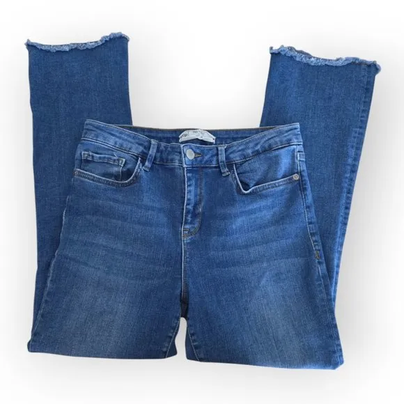 Free People Med Wash Blue High Rise Raw Hem Straight Leg Jeans Size 30