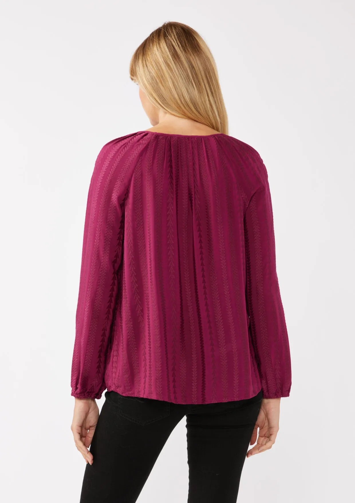 Geo Jacquard Long Sleeve Keyhole Blouse