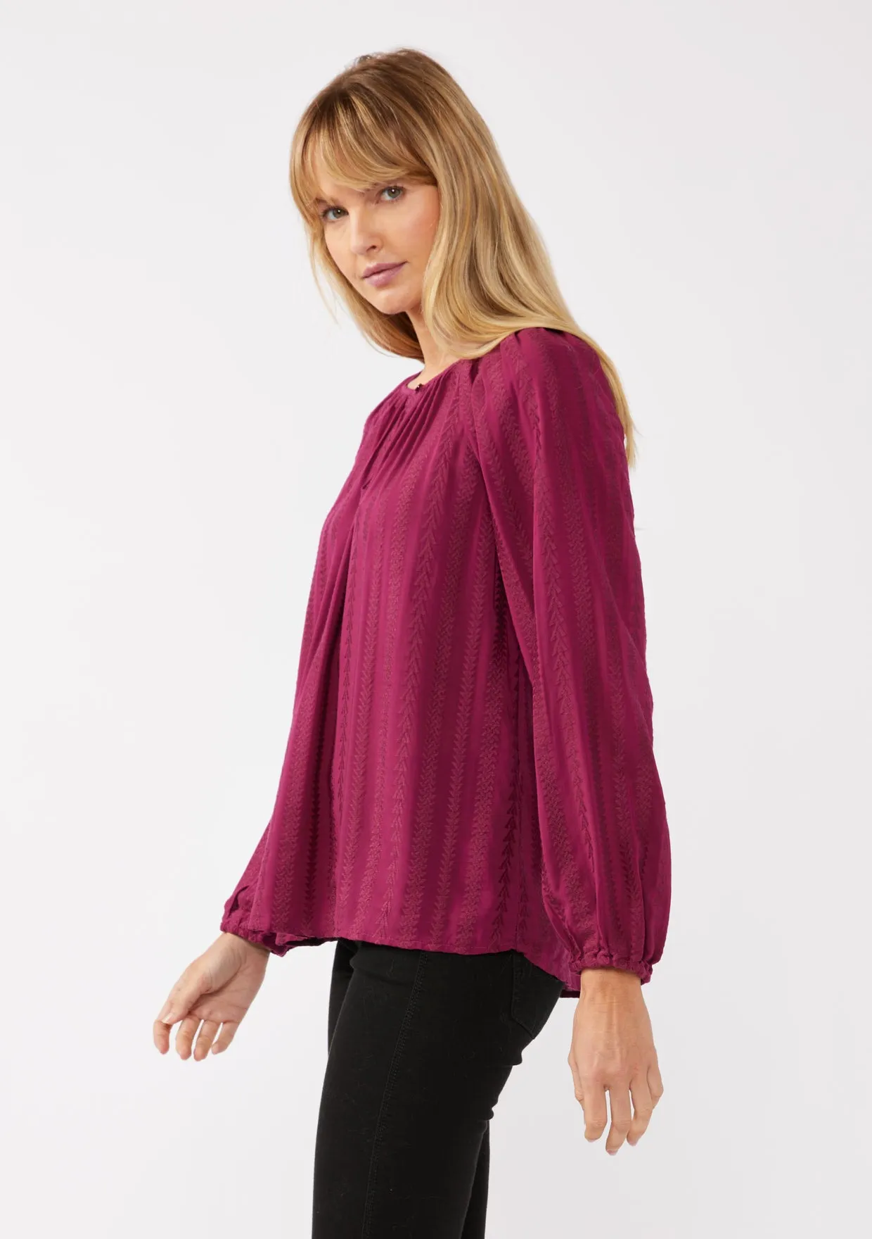 Geo Jacquard Long Sleeve Keyhole Blouse