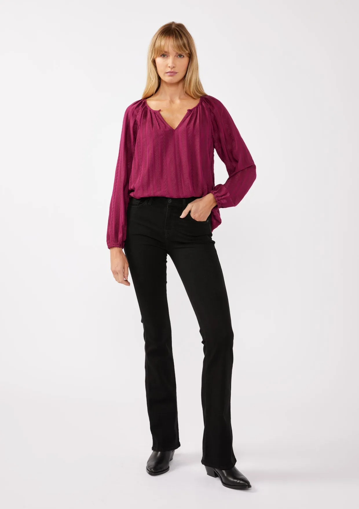 Geo Jacquard Long Sleeve Keyhole Blouse