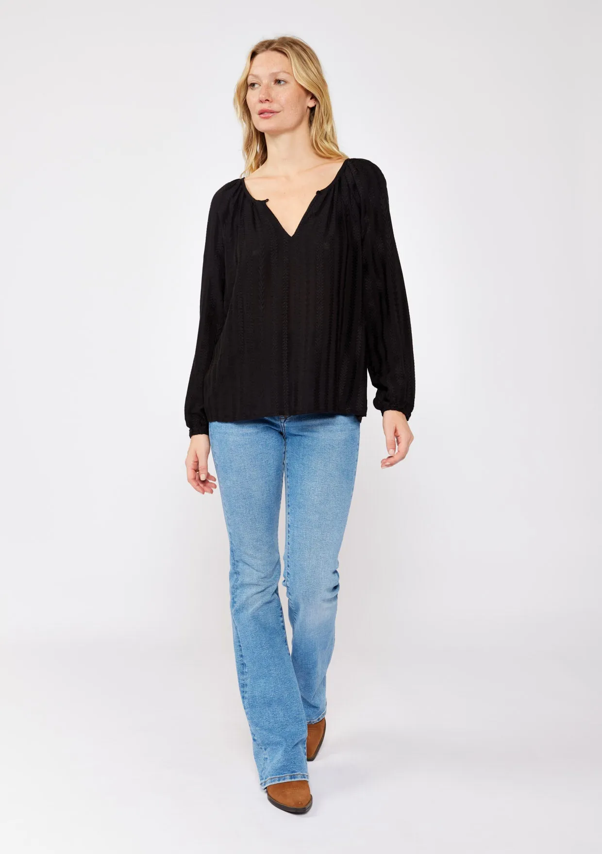 Geo Jacquard Long Sleeve Keyhole Blouse
