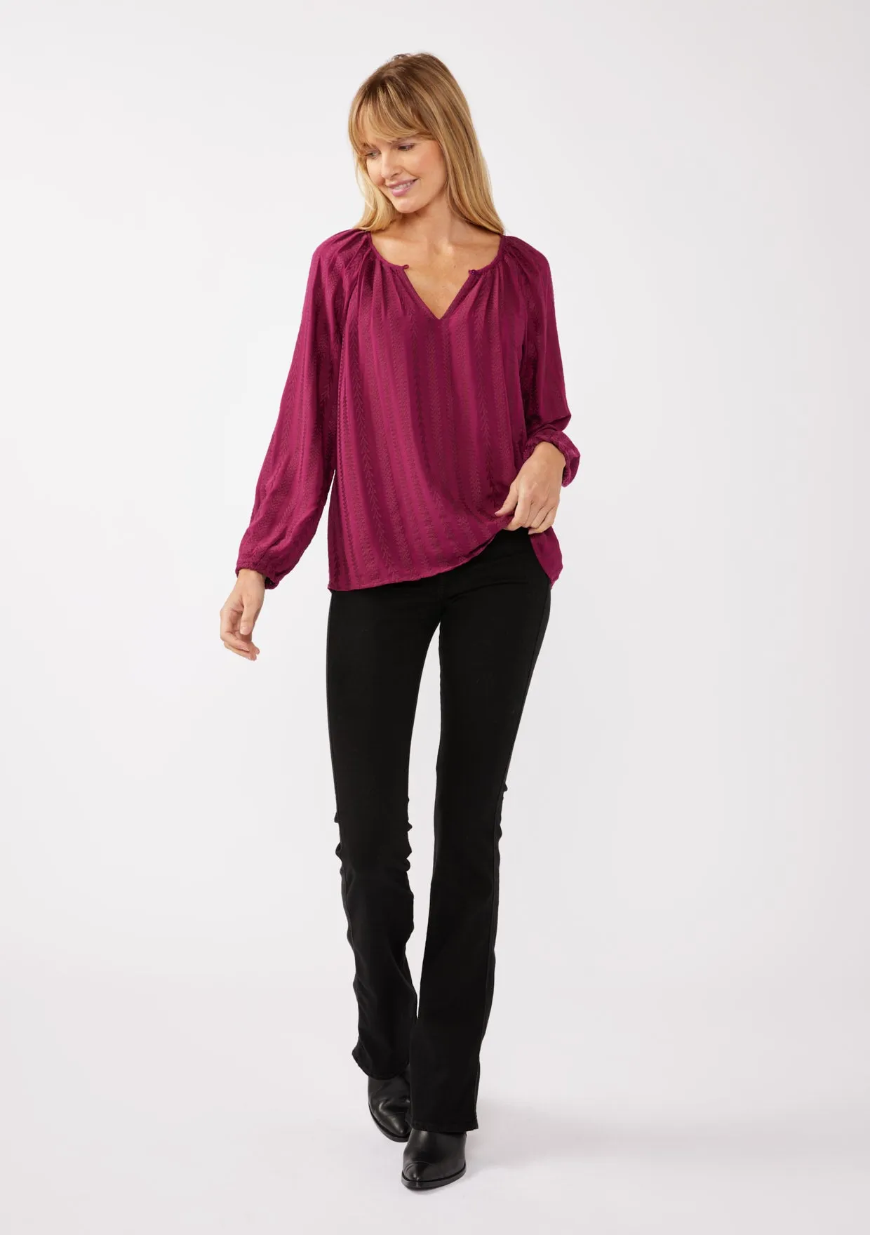 Geo Jacquard Long Sleeve Keyhole Blouse