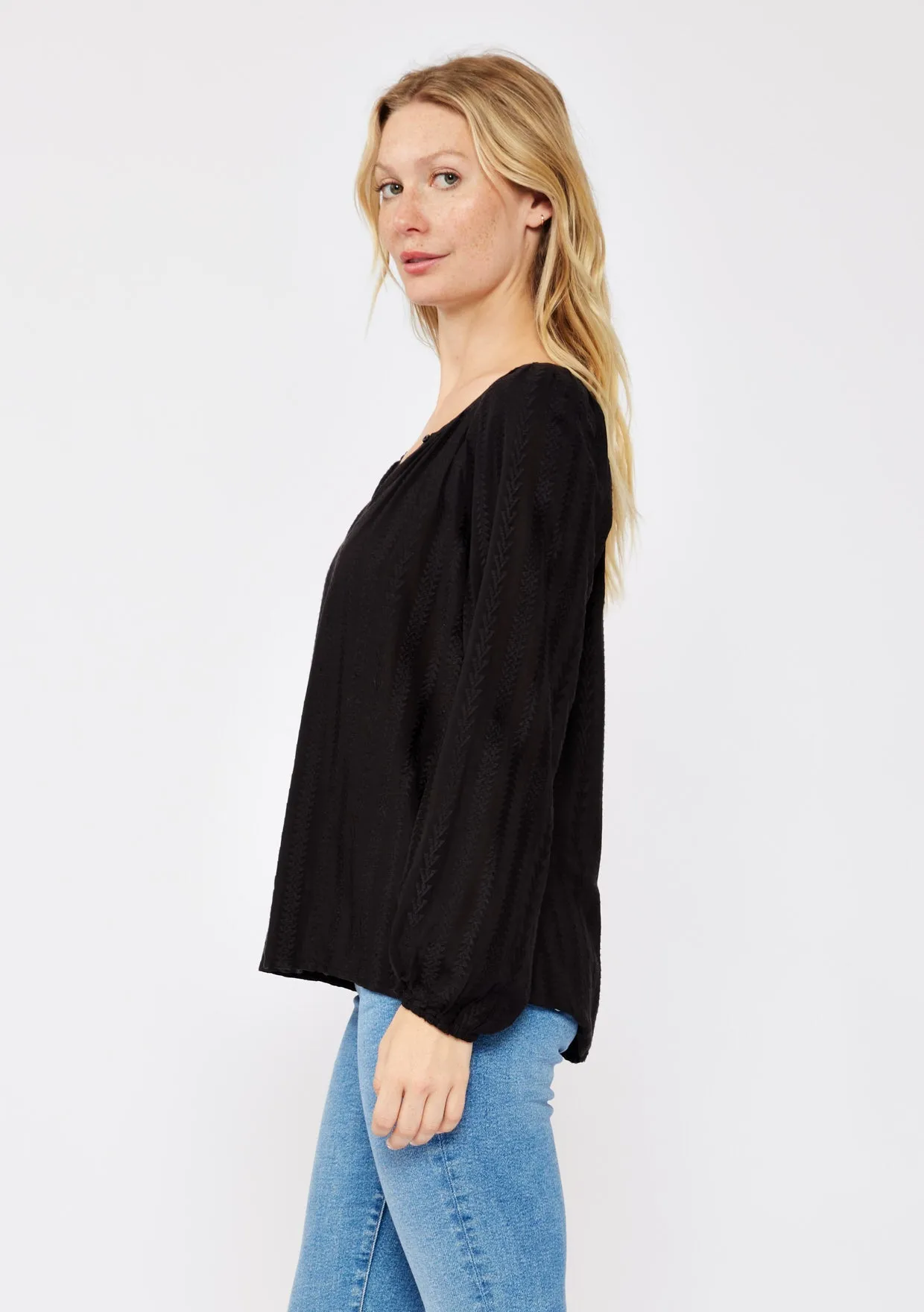 Geo Jacquard Long Sleeve Keyhole Blouse