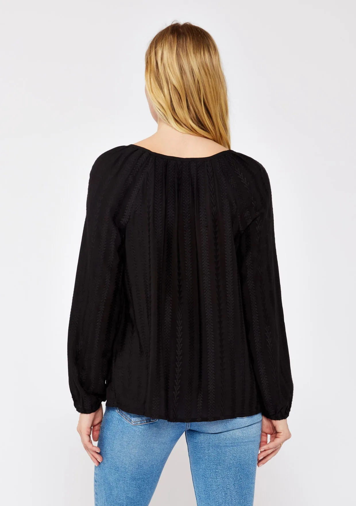 Geo Jacquard Long Sleeve Keyhole Blouse