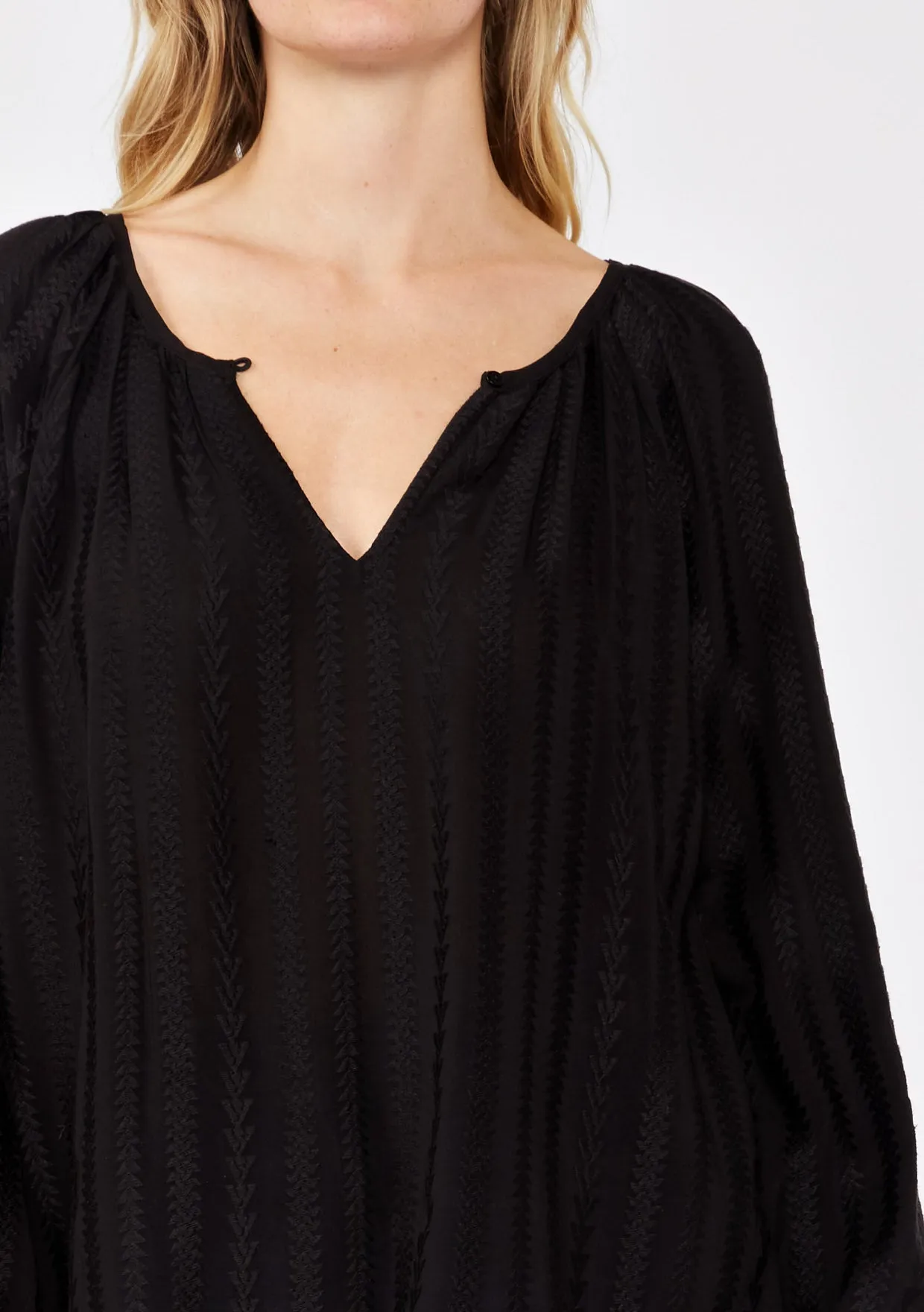 Geo Jacquard Long Sleeve Keyhole Blouse